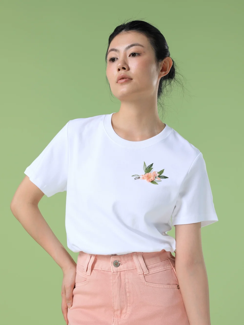 Twelve flower gods hand embroidered long staple cotton short sleeve t-shirt top women’s summer 2024 new white crew neck chic t